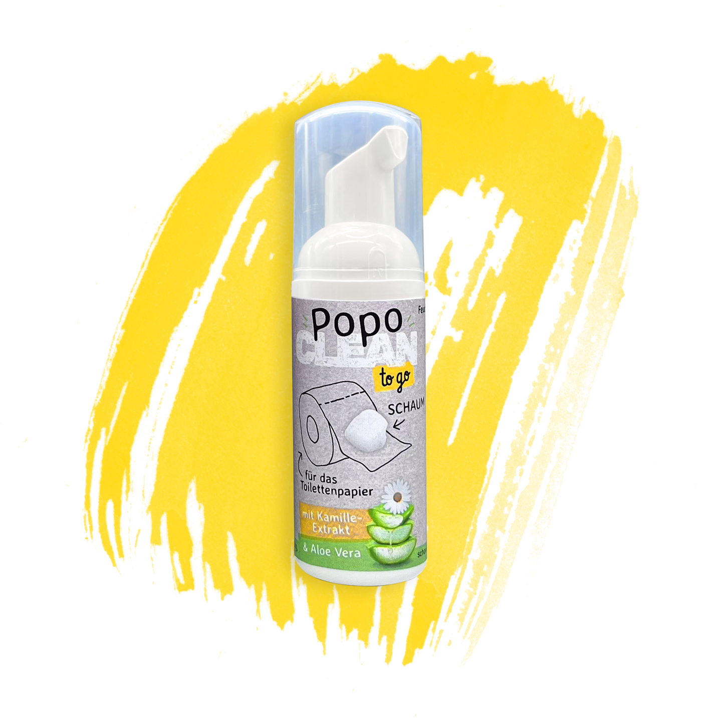 Die 50ml große PopoClean to go Flasche vor einem gelben Hintergrund